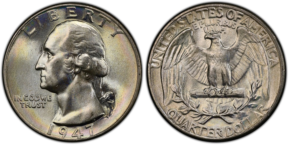Side-by-side comparison of a common 1947 quarter (normal LIBERTY) versus DDO FS-101 variety showing raised shelf doubling on lettering