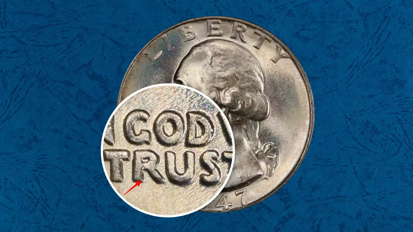 1947 quarter DDO FS-101 variety showing raised shelf doubling on LIBERTY lettering under magnification
