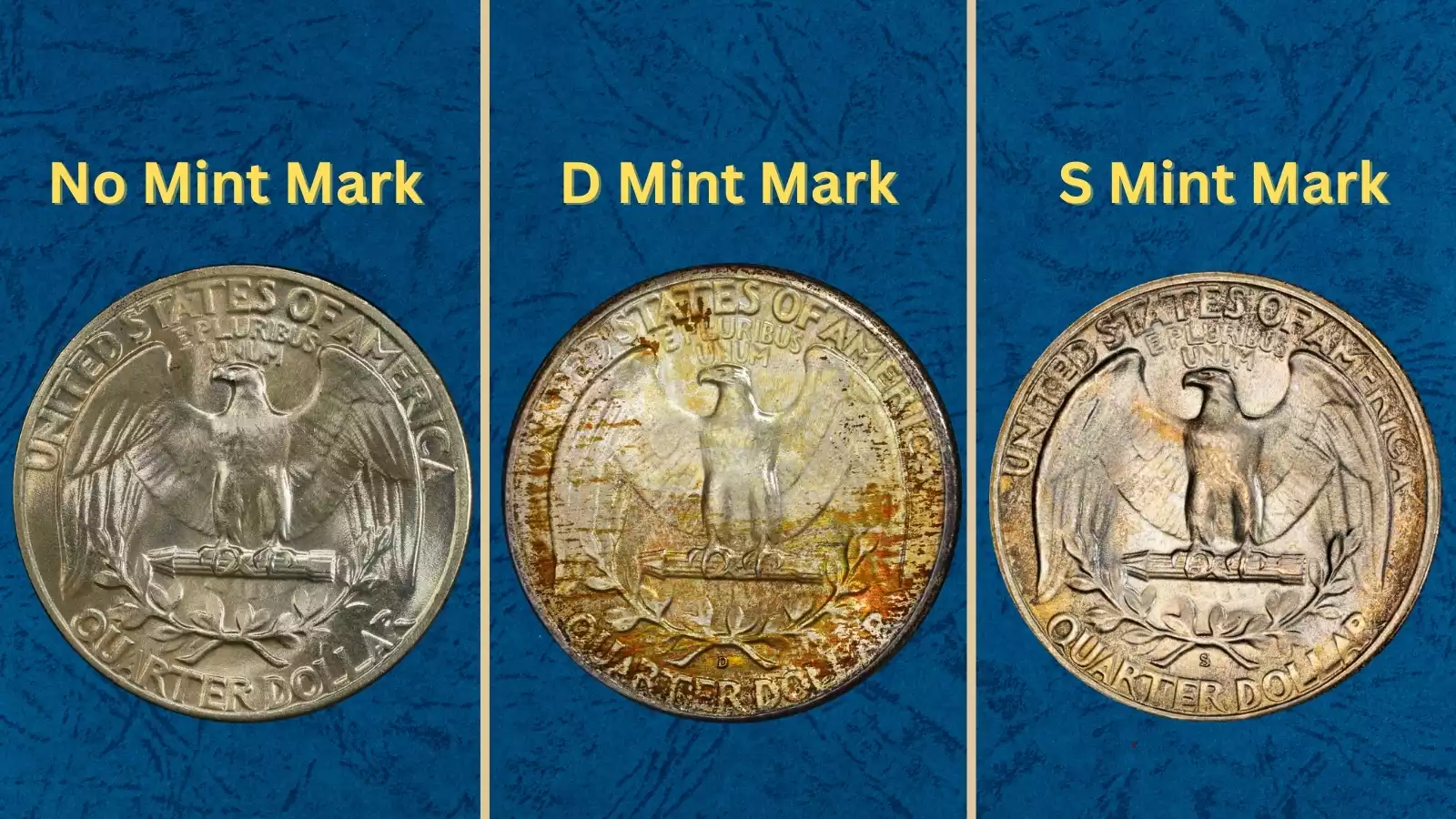 Three 1947 Washington quarters from Philadelphia, Denver, and San Francisco mints showing reverse mint mark positions