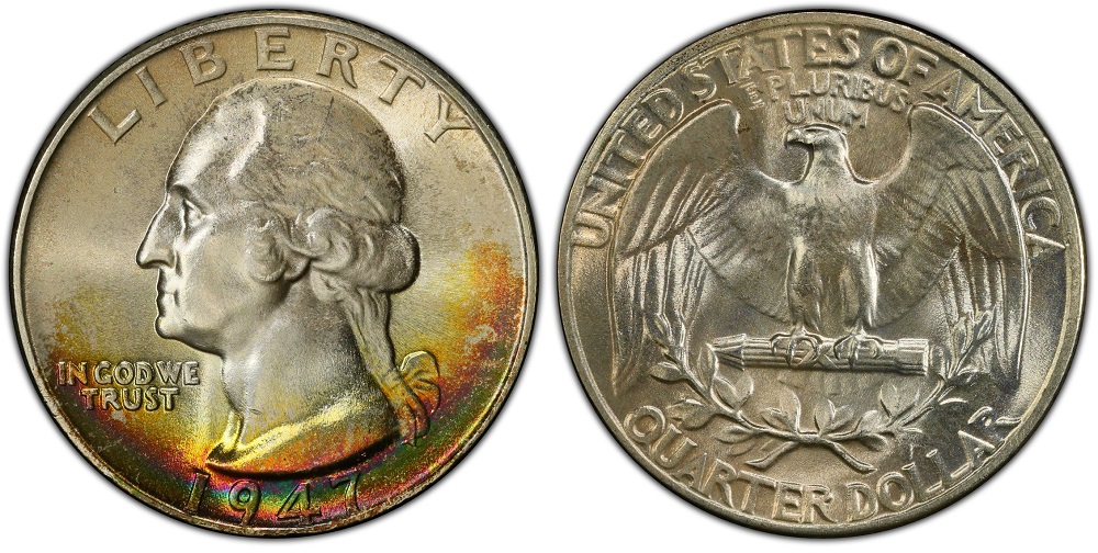1947 Washington quarter grading strip showing four condition tiers from worn Good to Gem MS-65 uncirculated